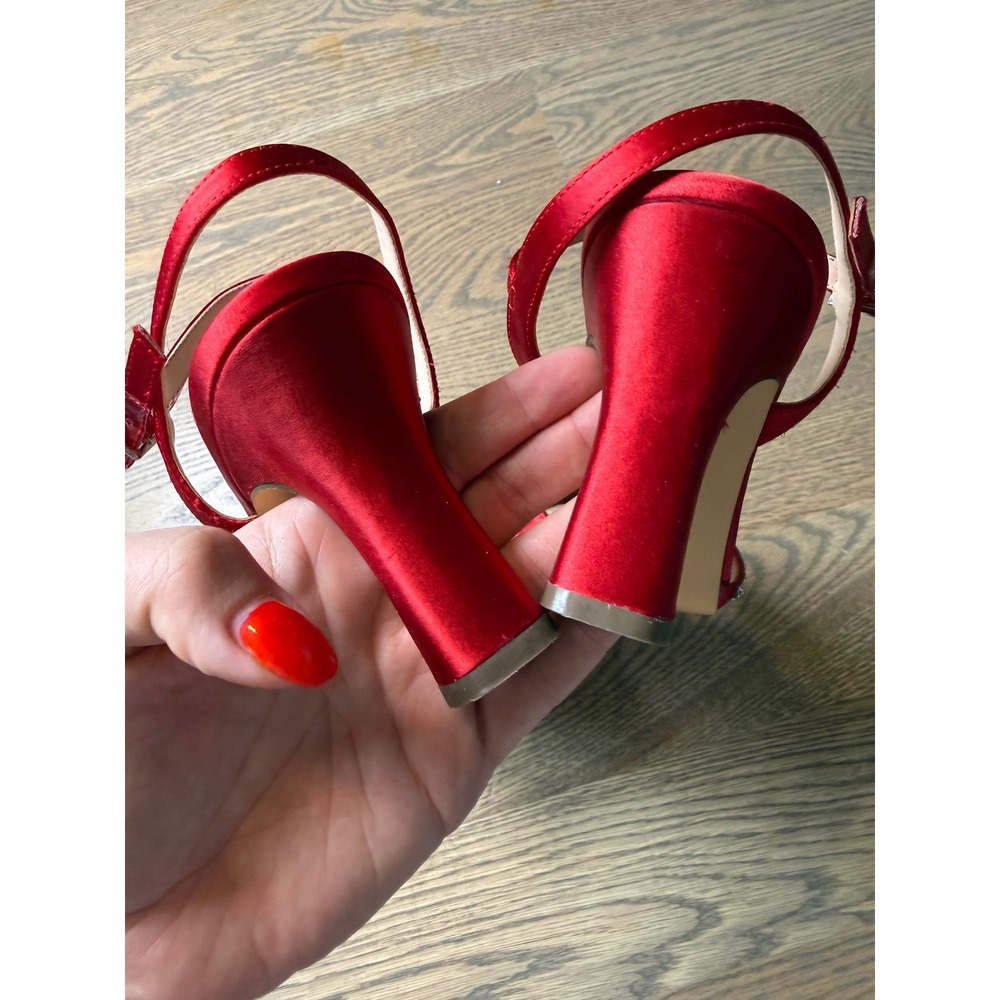Nina Red Satin Rhinestone Ankle Strap Evening Sandals Heels 8.5M - Picture 5 of 6
